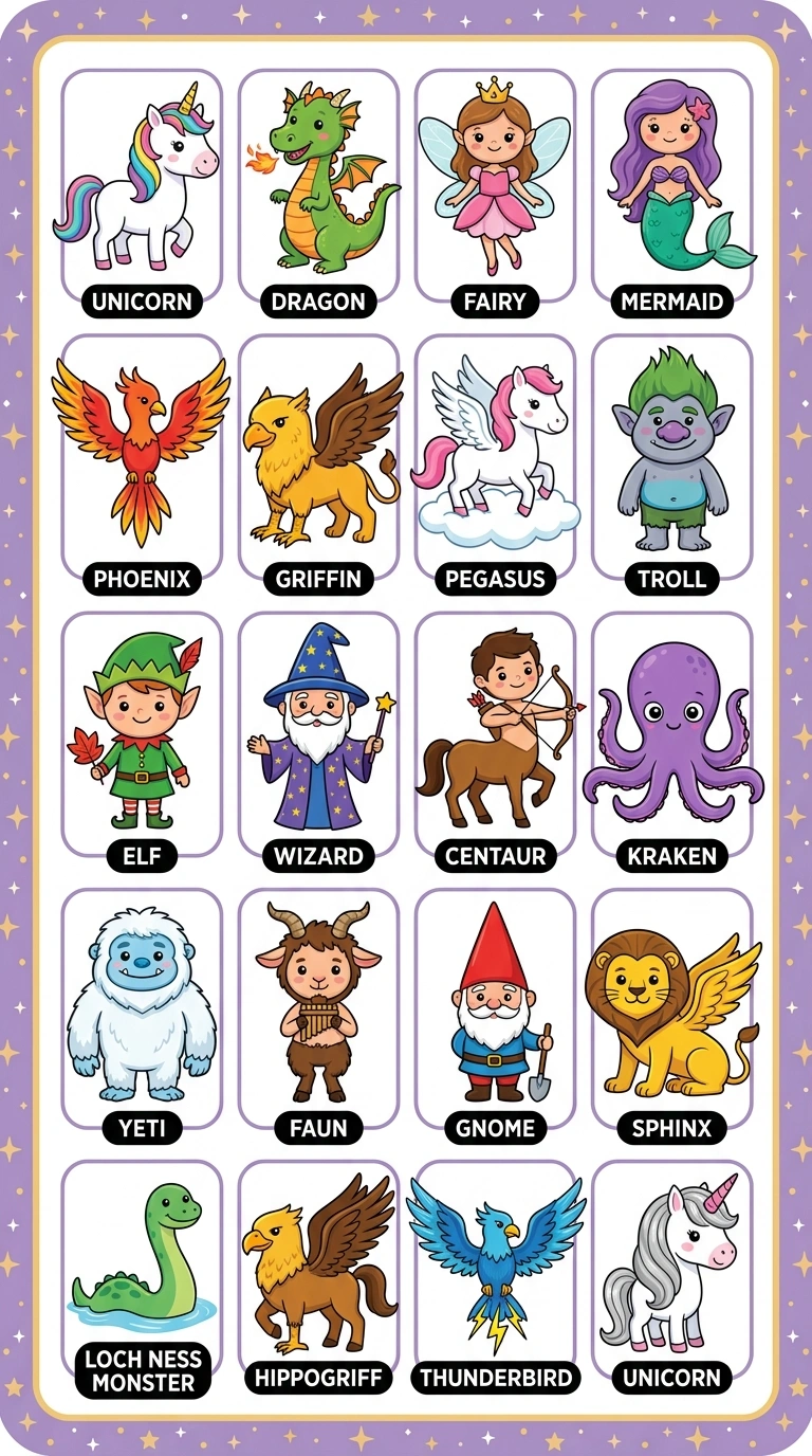 20 Magical Creatures Learning Poster for Kids | Printable Fairy Tale Wall Chart