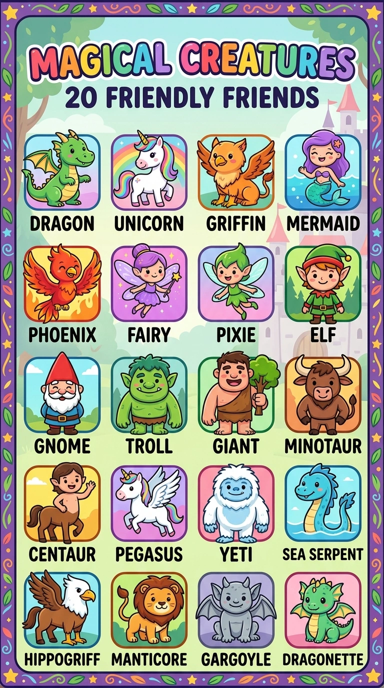 20 Magical Creatures Poster for Kids | Printable Fairy Tale Wall Chart