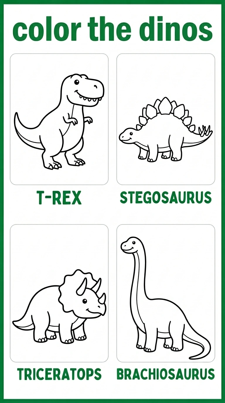 4 Big Dinosaur Friends — Free Multi-Dino Coloring Sheet