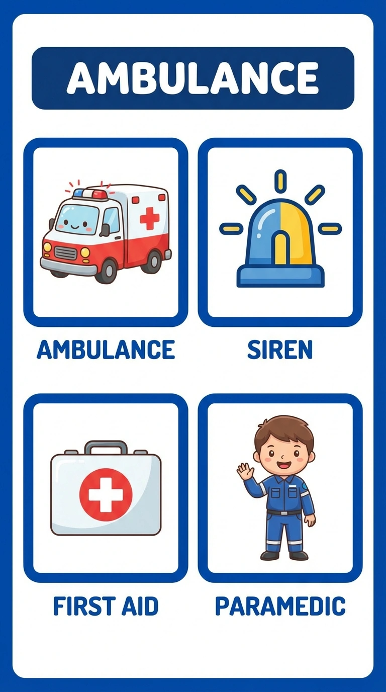 Ambulance Emergency Vehicles Flashcard for Kids - Learning Community Helpers