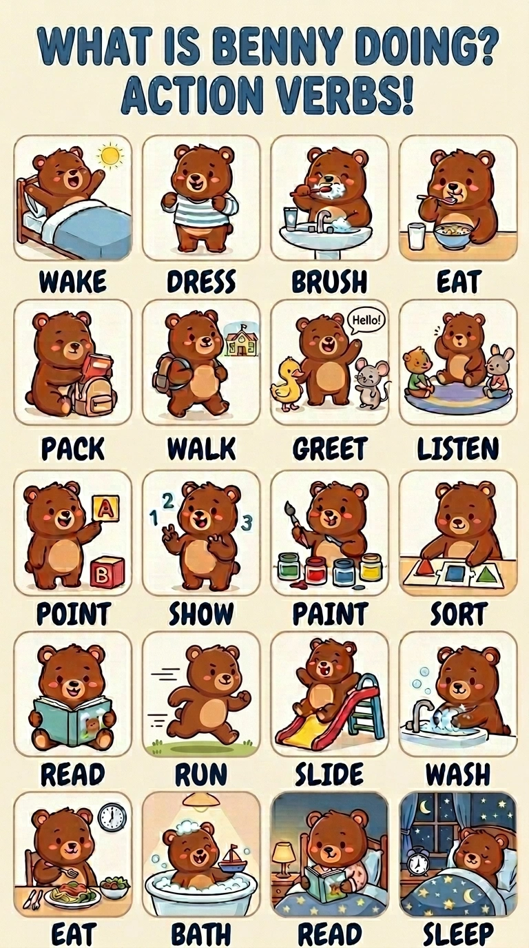 Benny's Action Verbs Learning Poster | Educational Activity Chart for Kids