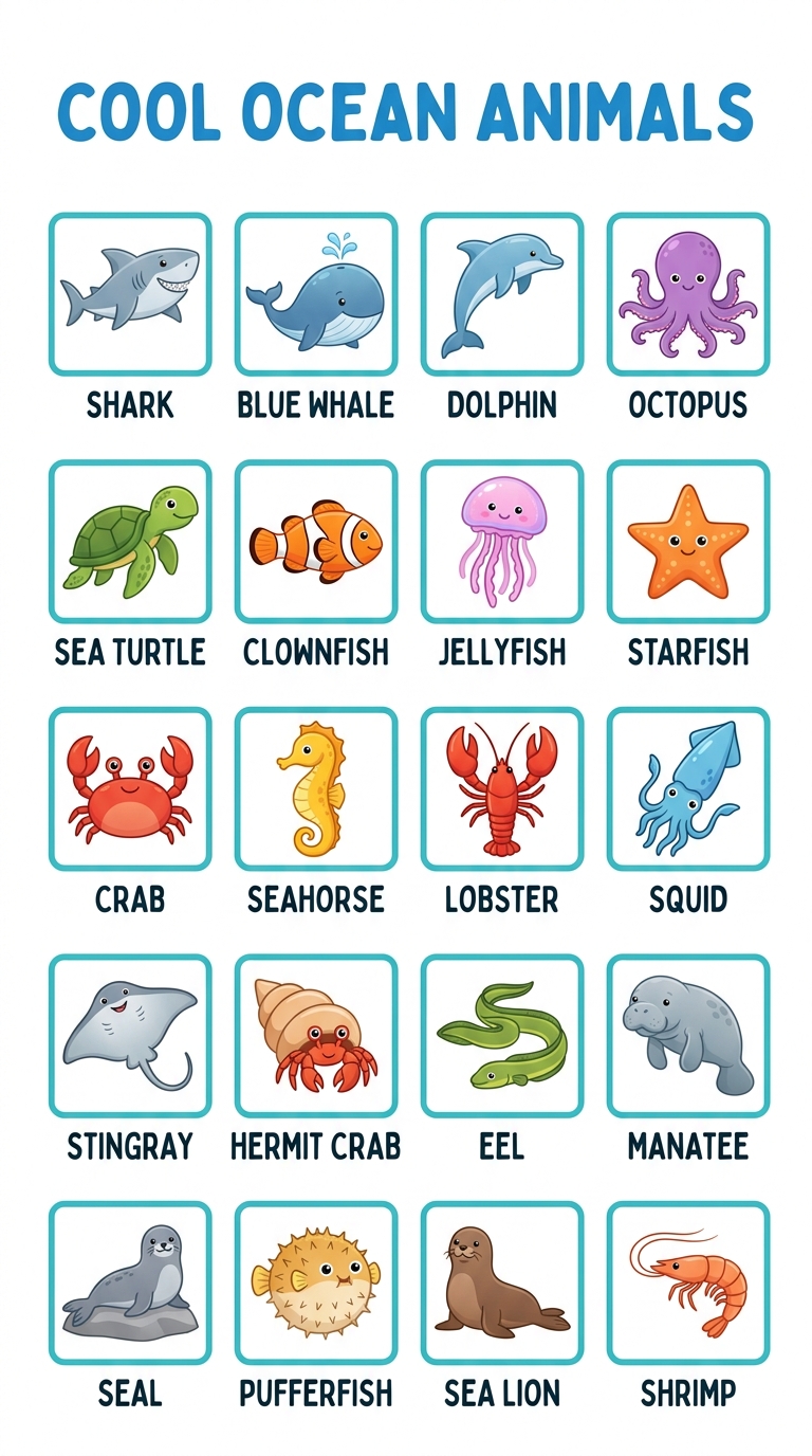 Cool Ocean Animals Poster for Kids - Educational Sea Life Chart