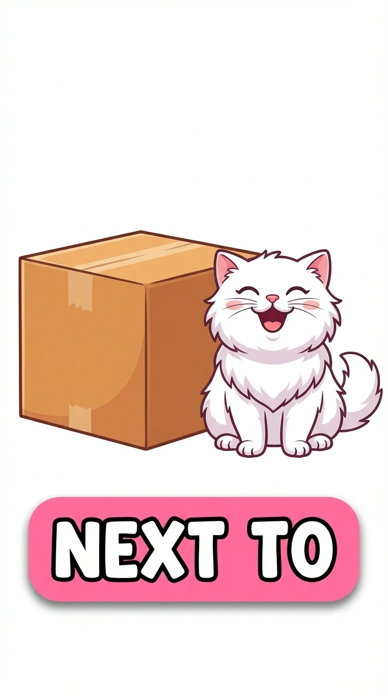 Cute Cat Preposition Flashcard | Miss Momo Next To Box