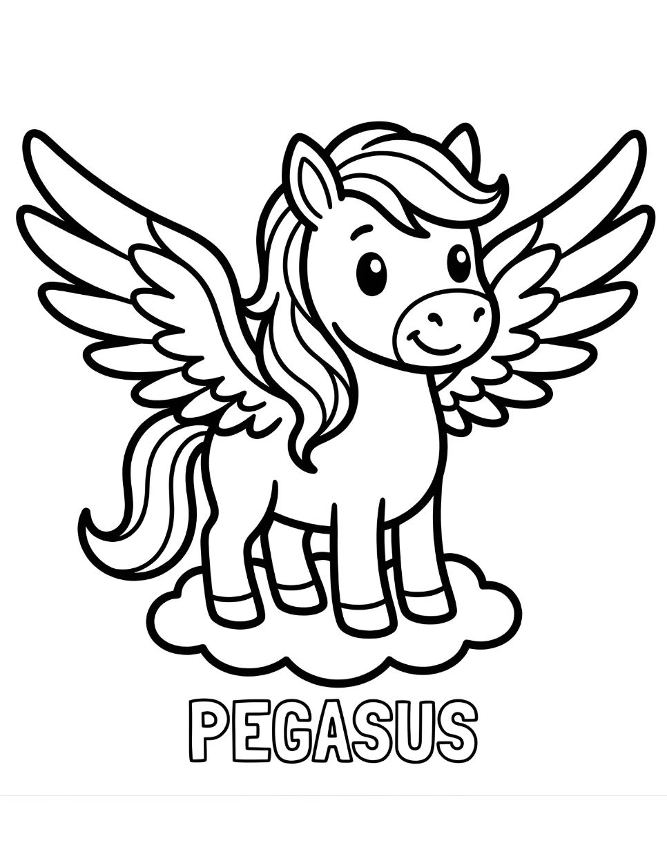 Cute Magical Pegasus Coloring Page for Kids | Free Printable Fairy Tale Activity