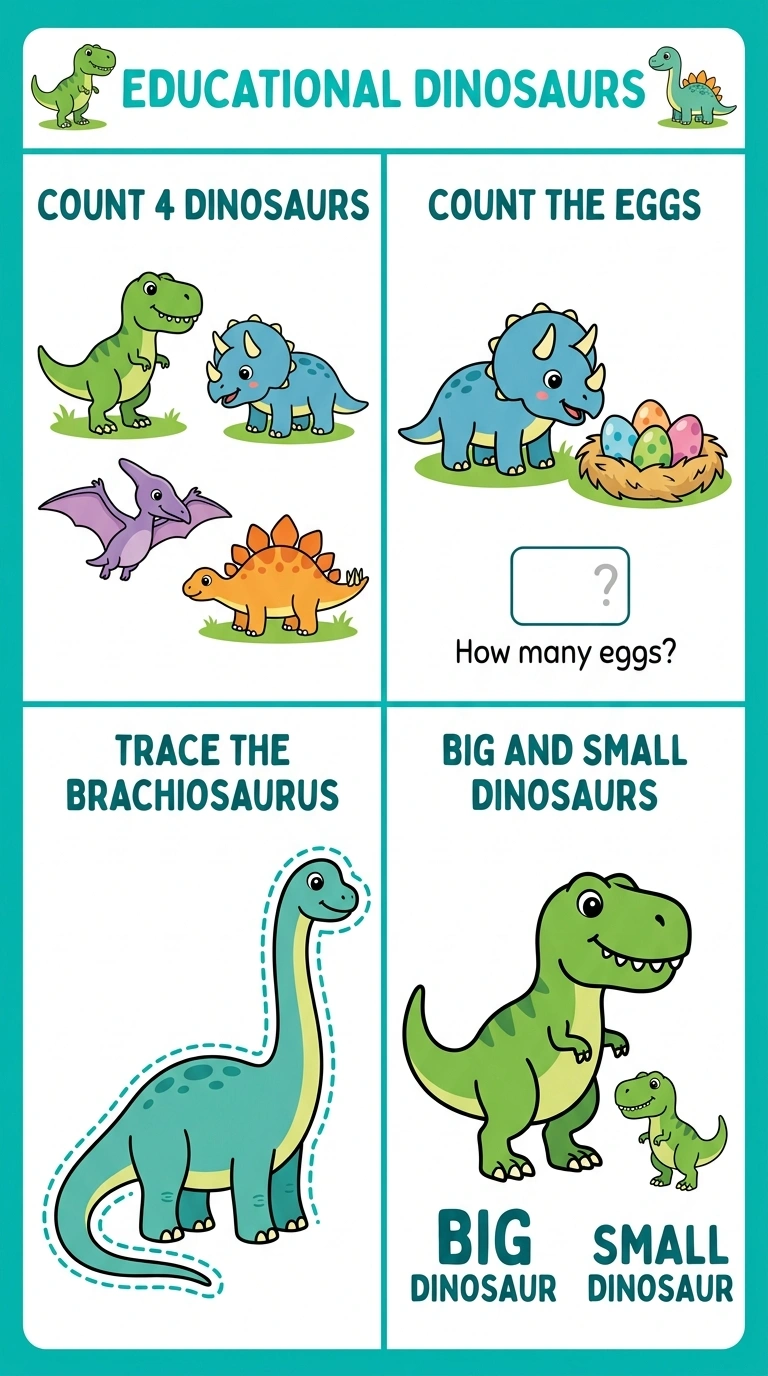 Educational Dinosaurs — Free Counting and Tracing Worksheet