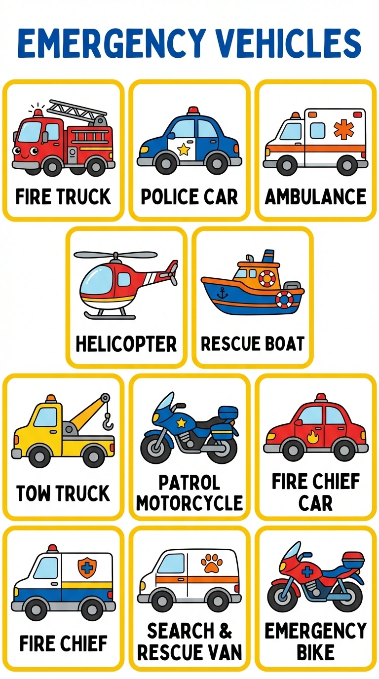 Emergency Vehicles Poster for Kids - Rescue Transport Learning Chart