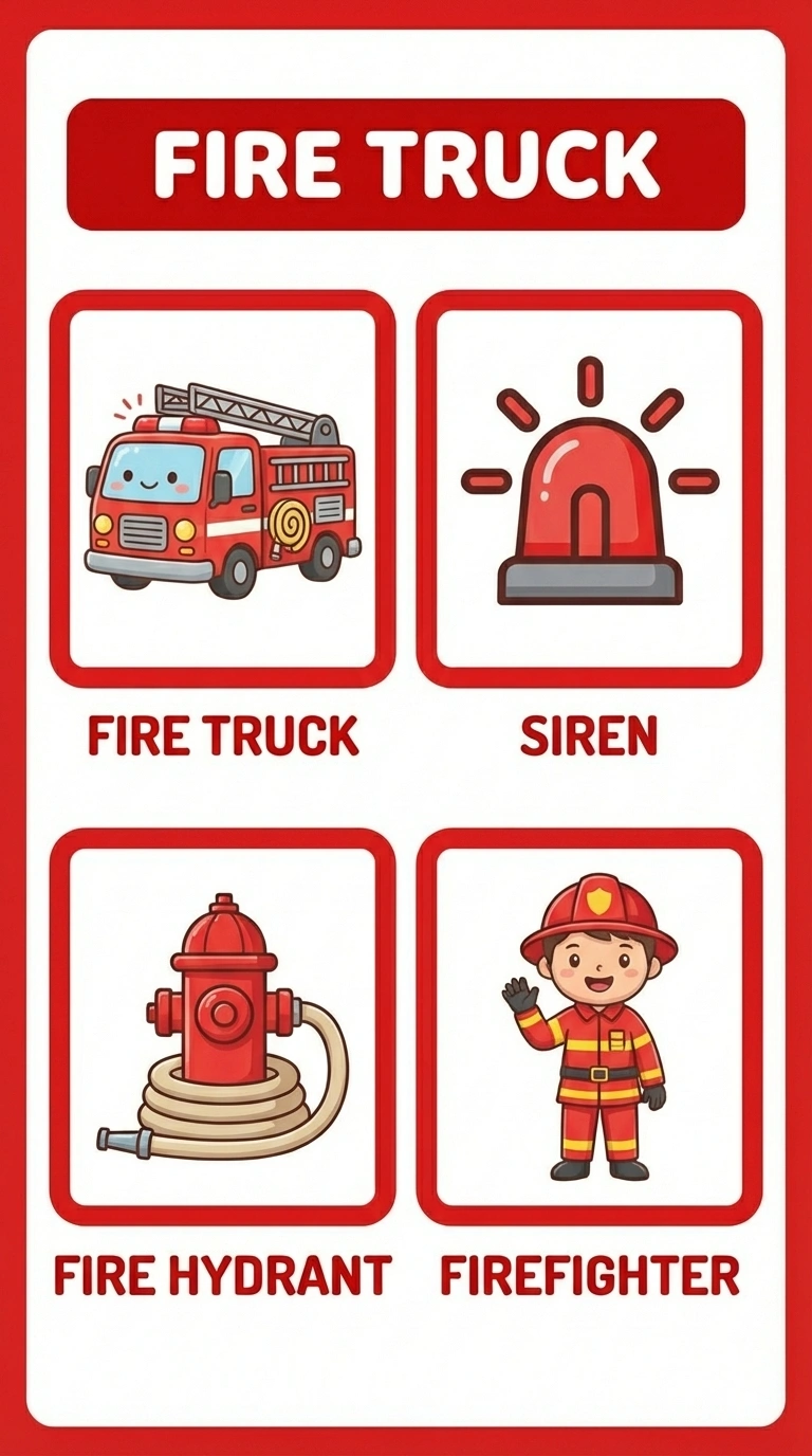 Fire Truck Flashcard for Kids - Learn About Emergency Vehicles