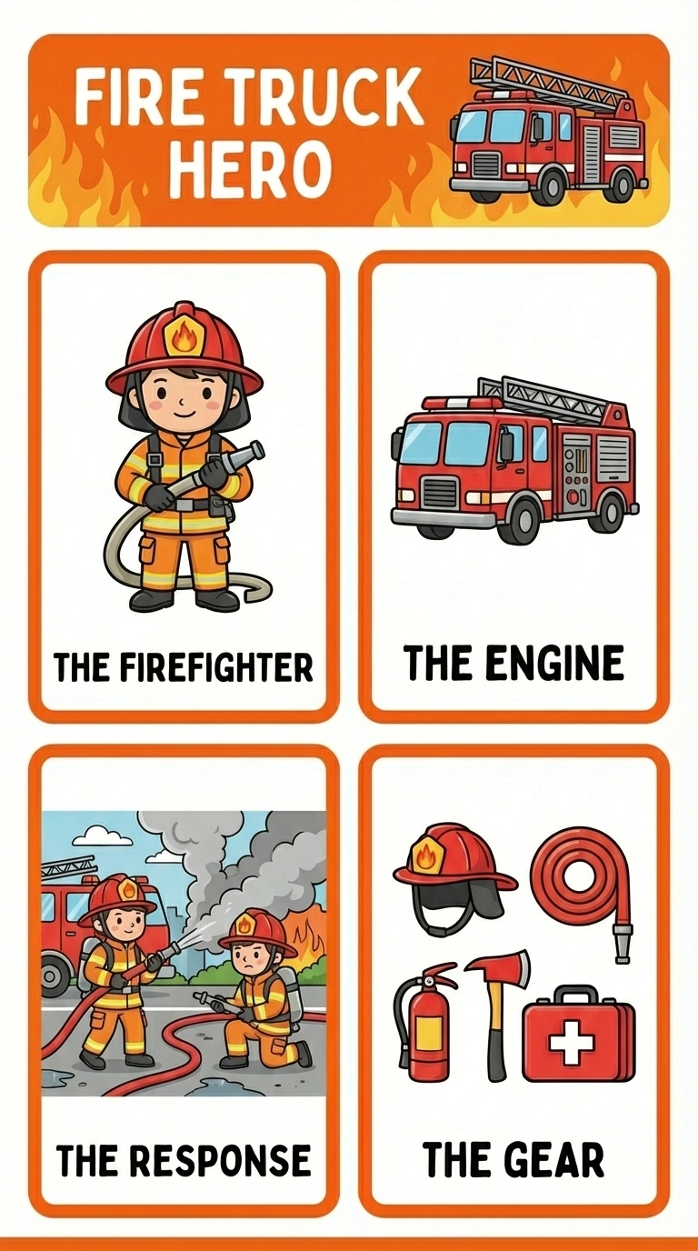 Fire Truck Hero Flashcard for Kids - Learn About Firefighters and Rescue Engines