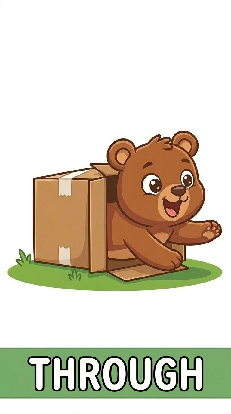 Free Printable Preposition THROUGH Flashcard for Kids | Benny the Bear Spelling