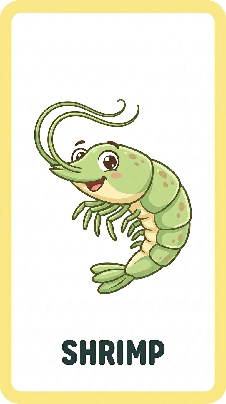 Happy Little Shrimp Flashcard — Free Ocean Animal Card
