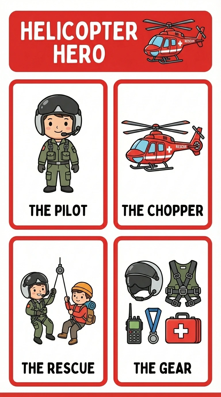 Helicopter Hero Rescue Flashcard for Kids - Fun Learning Art