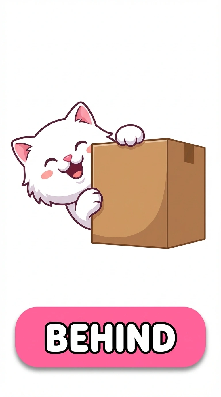 Miss Momo Behind the Box Preposition Flashcard