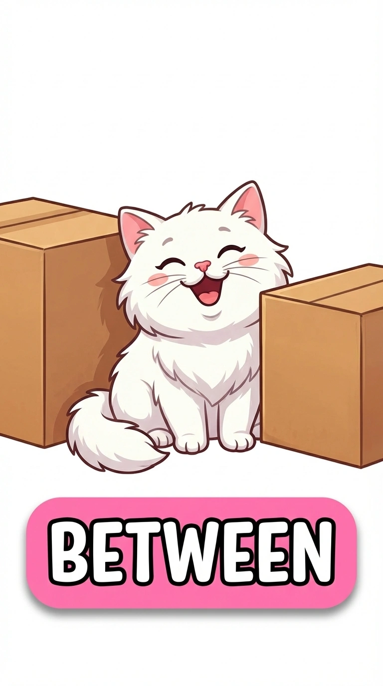 Miss Momo Between the Boxes Preposition Flashcard