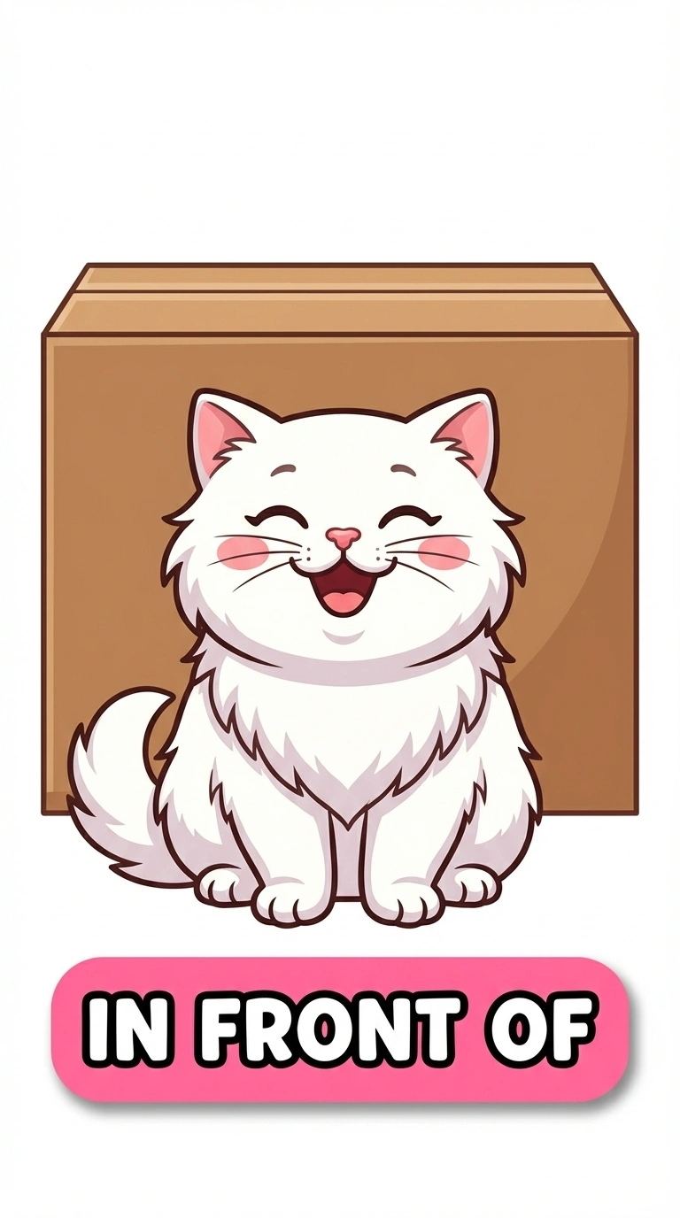 Miss Momo In Front Of the Box Preposition Flashcard