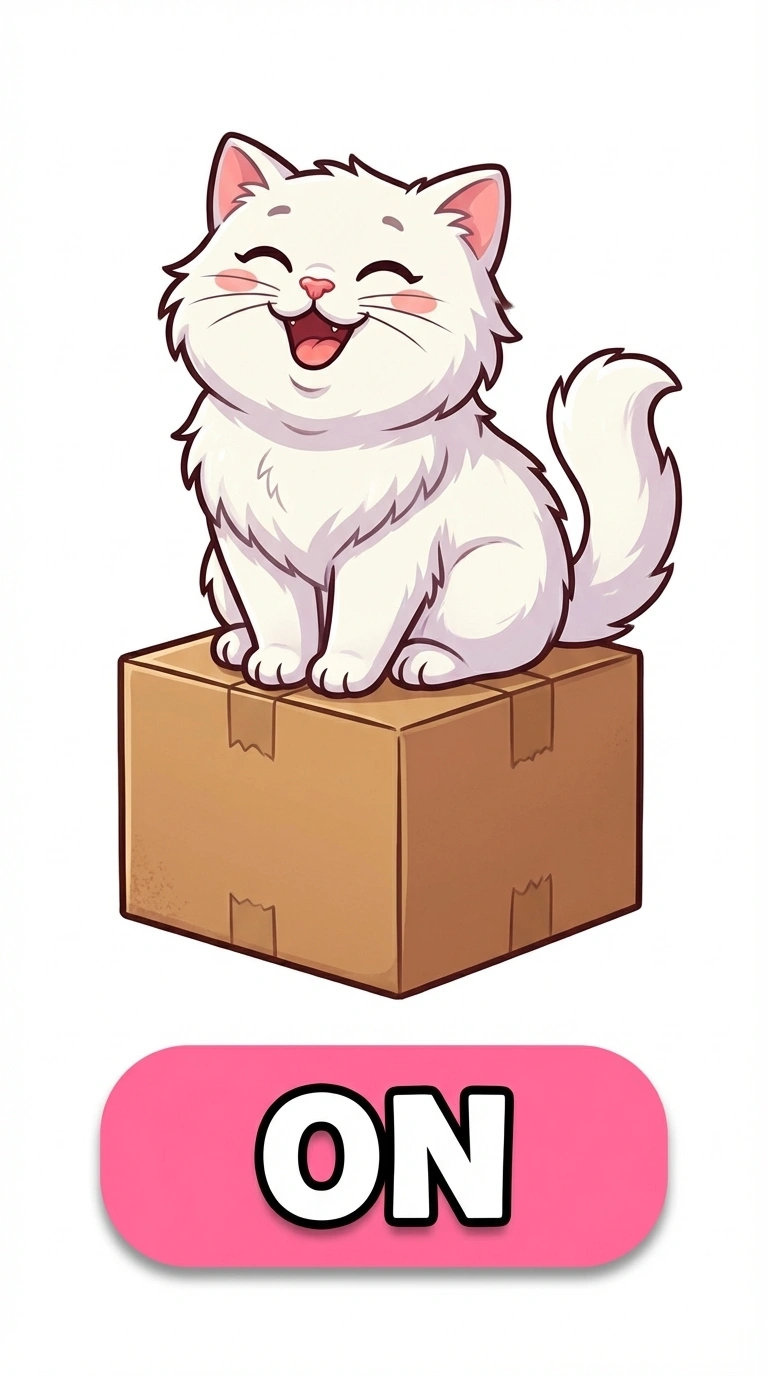 Miss Momo On the Box Preposition Flashcard