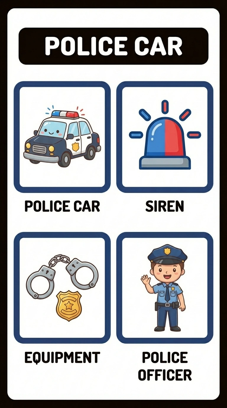 Police Car Flashcard for Kids - Learn About Emergency Vehicles
