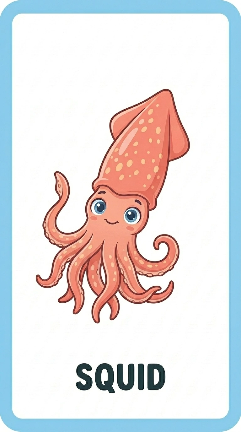 Smiling Pink Squid Flashcard — Free Ocean Learning Card