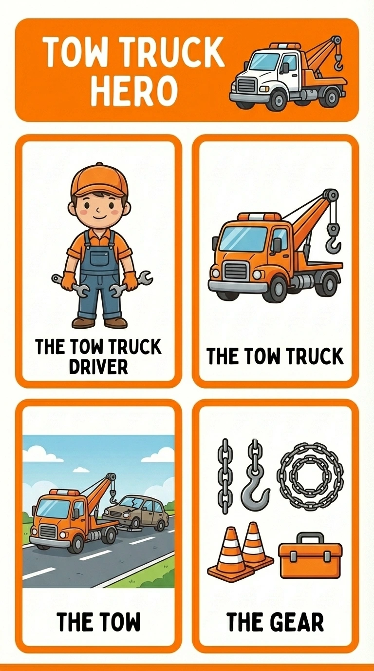 Tow Truck Hero Flashcard for Kids - Learn About Rescue Vehicles